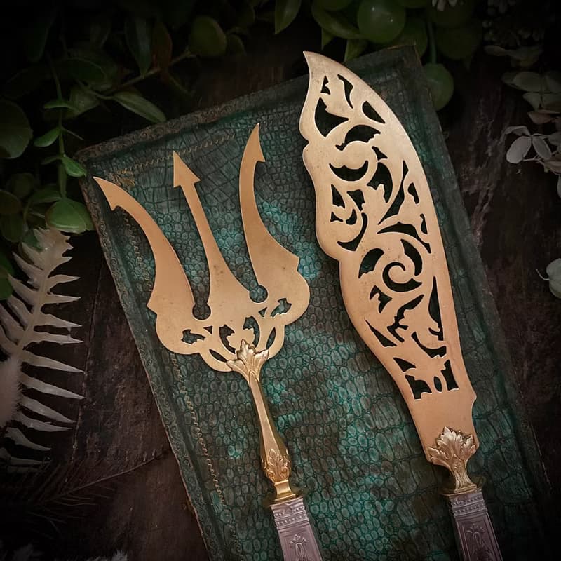 19世紀末 Louis XVI 復興風格法國純銀柄 雙色魚餐具組