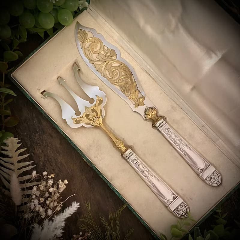 19世紀末 Louis XVI 復興風格法國純銀柄 雙色魚餐具組