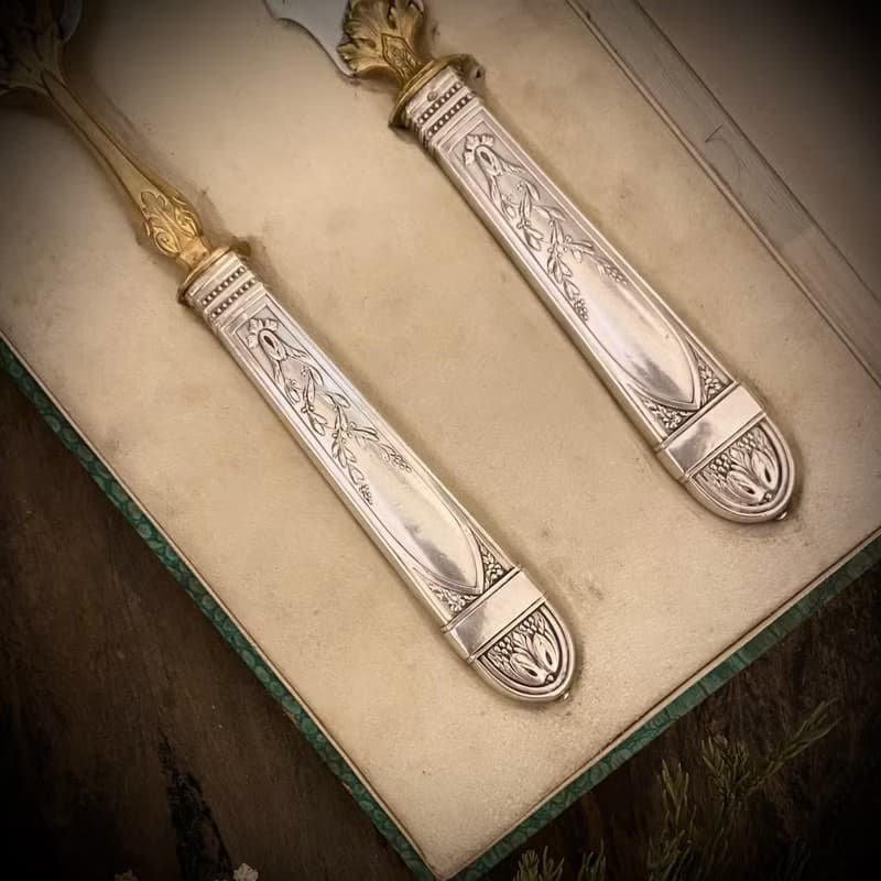 19世紀末 Louis XVI 復興風格法國純銀柄 雙色魚餐具組