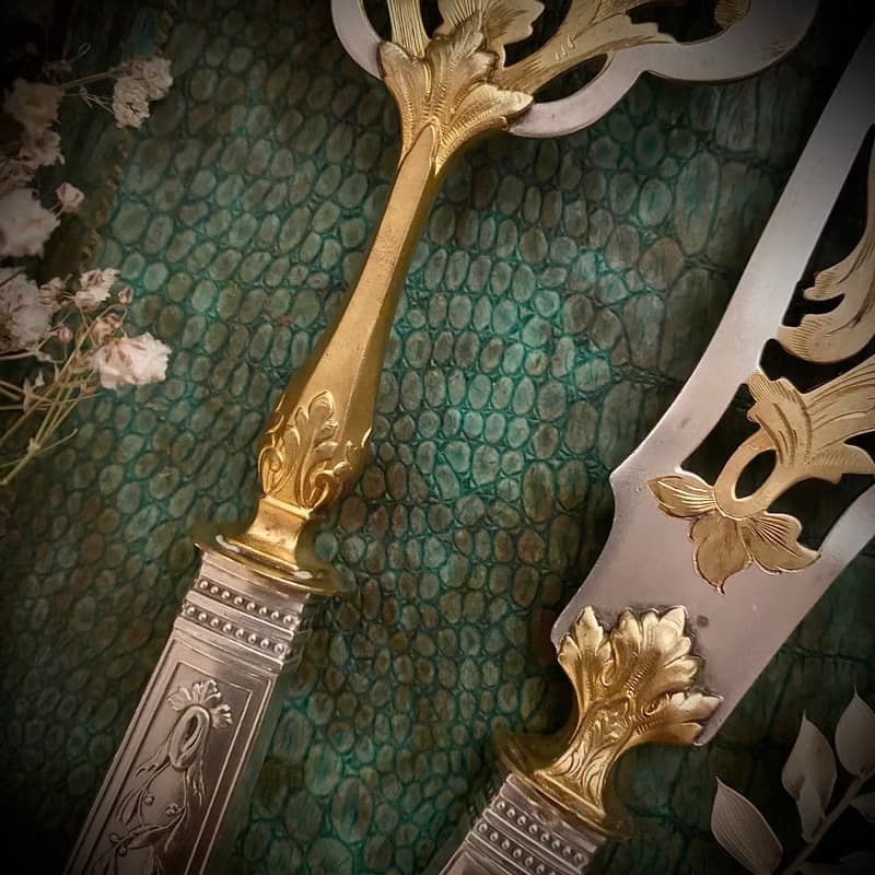 19世紀末 Louis XVI 復興風格法國純銀柄 雙色魚餐具組