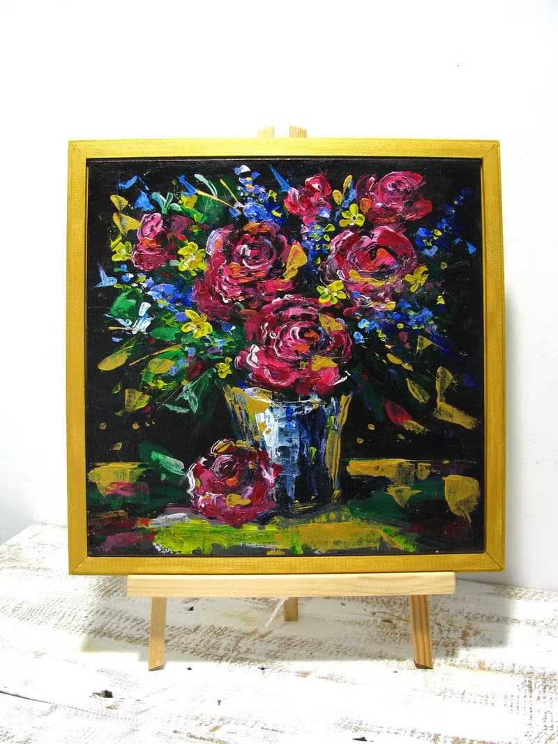 Abstract Acrylic Flower Bouquet Canvas Panel Framed Art Gift