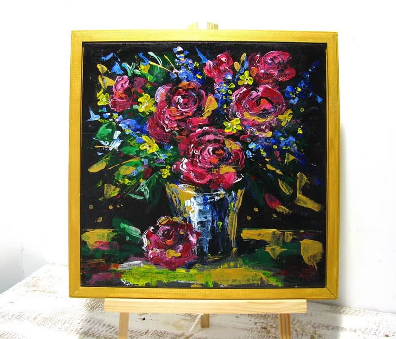 Abstract Acrylic Flower Bouquet Canvas Panel Framed Art Gift