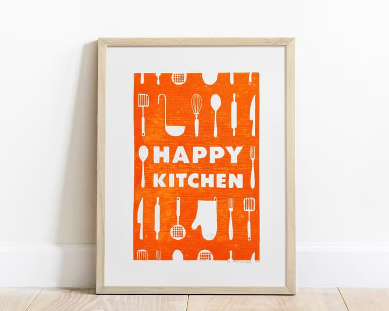 Orange utensils pattern Happy kitchen sign Linocut print Simple original artwork