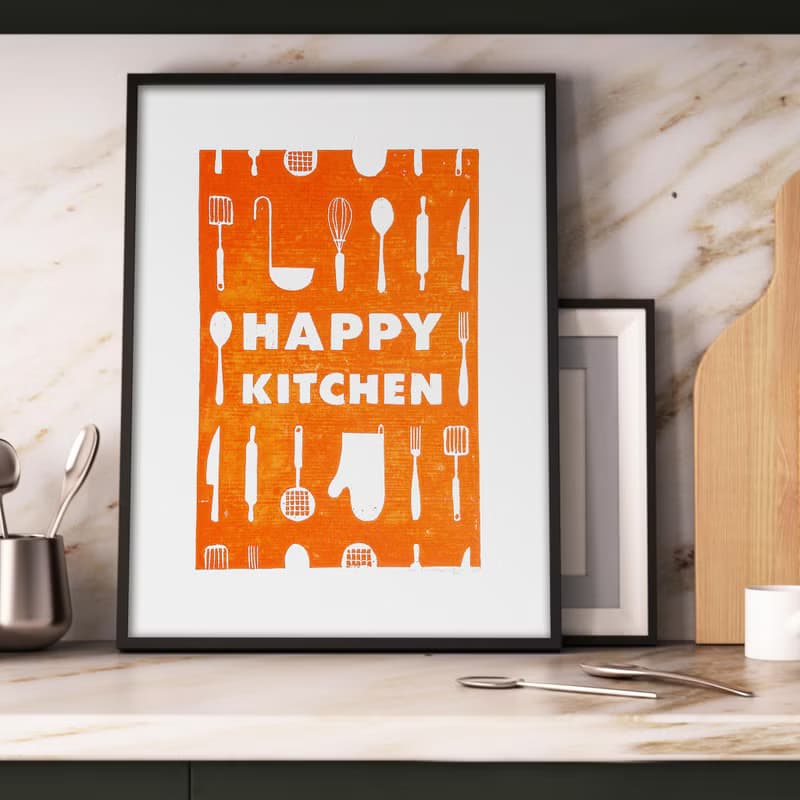 Orange utensils pattern Happy kitchen sign Linocut print Simple original artwork