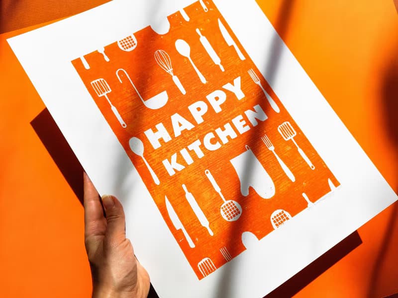 Orange utensils pattern Happy kitchen sign Linocut print Simple original artwork