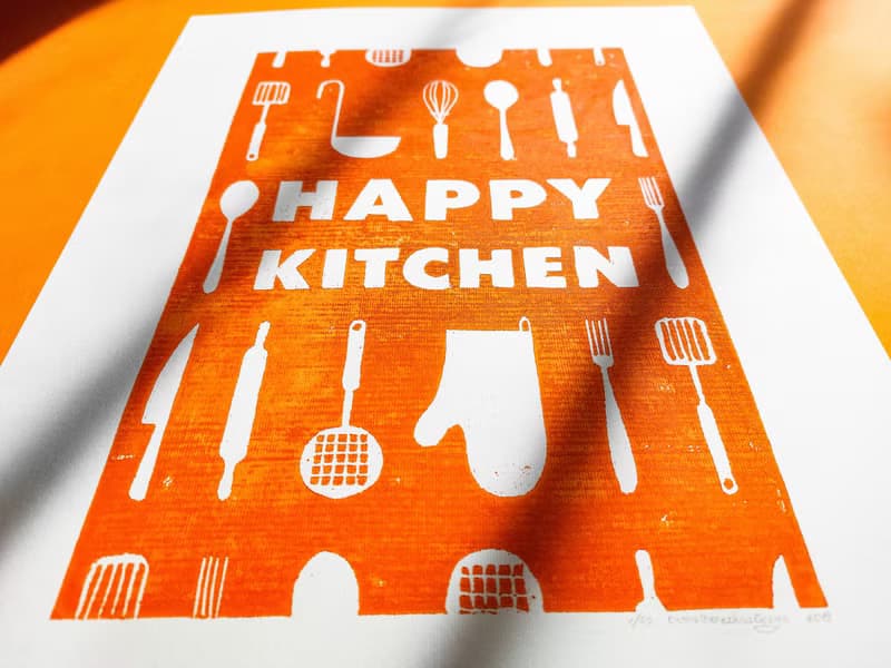 Orange utensils pattern Happy kitchen sign Linocut print Simple original artwork