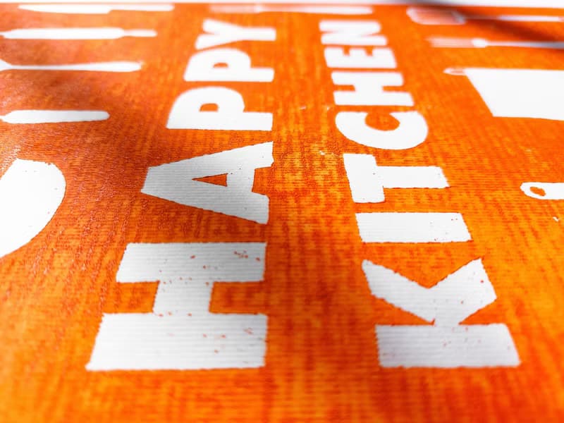 Orange utensils pattern Happy kitchen sign Linocut print Simple original artwork