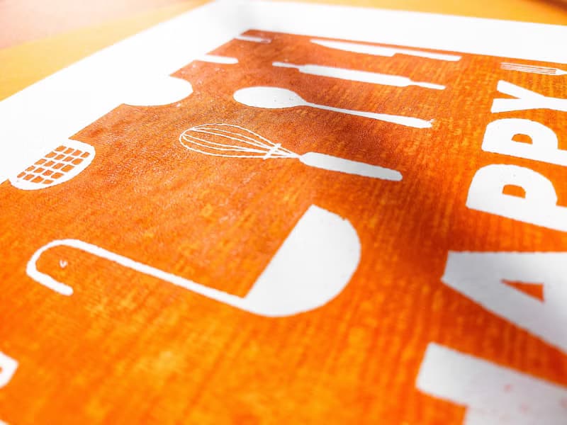 Orange utensils pattern Happy kitchen sign Linocut print Simple original artwork