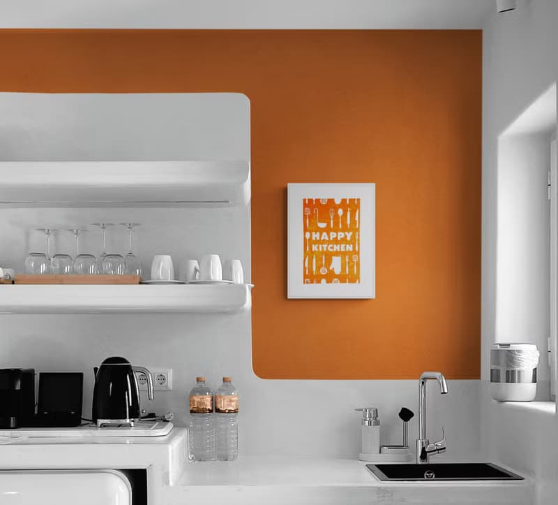 Orange utensils pattern Happy kitchen sign Linocut print Simple original artwork