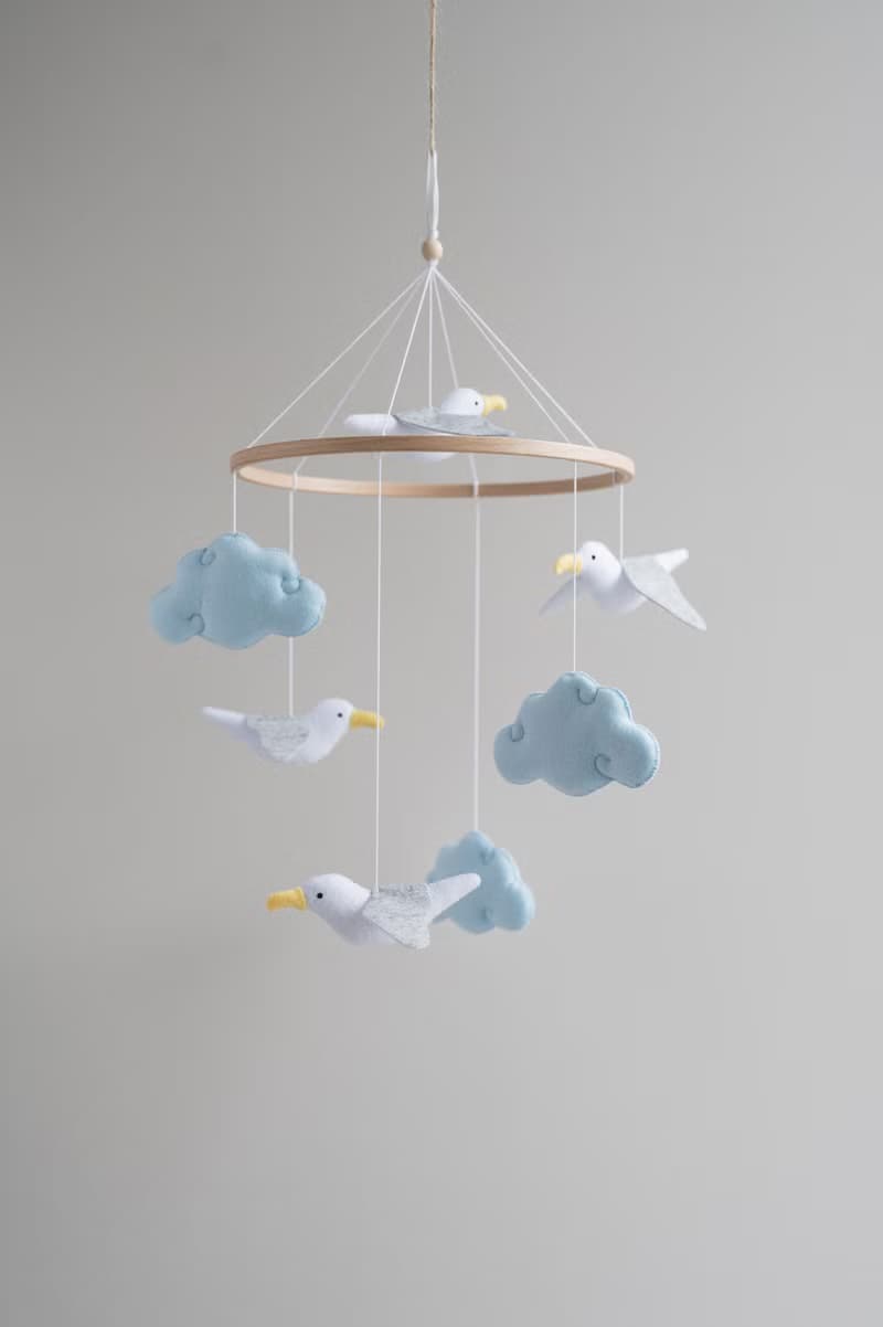 Seagull mobile, ocean nursery decor, naitucal baby shower