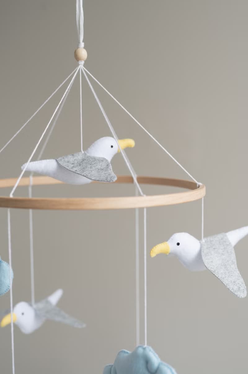 Seagull mobile, ocean nursery decor, naitucal baby shower