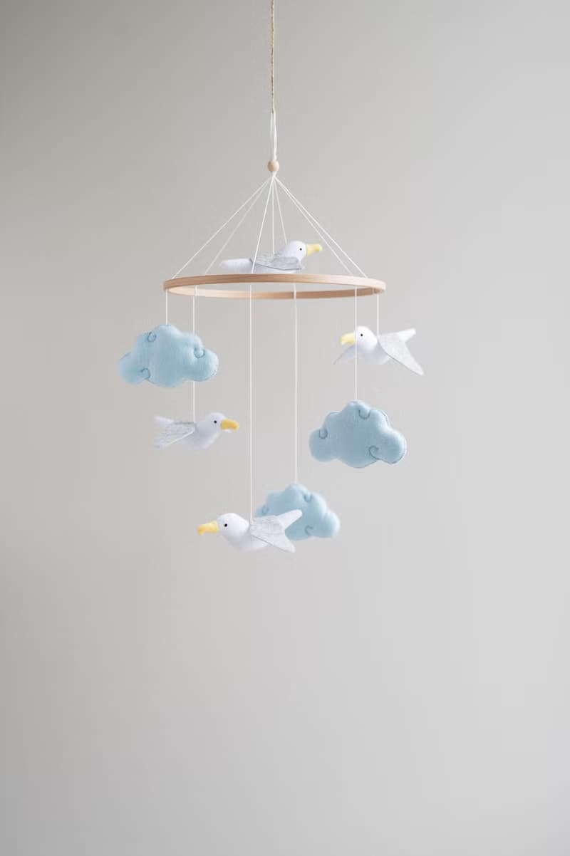 Seagull mobile, ocean nursery decor, naitucal baby shower