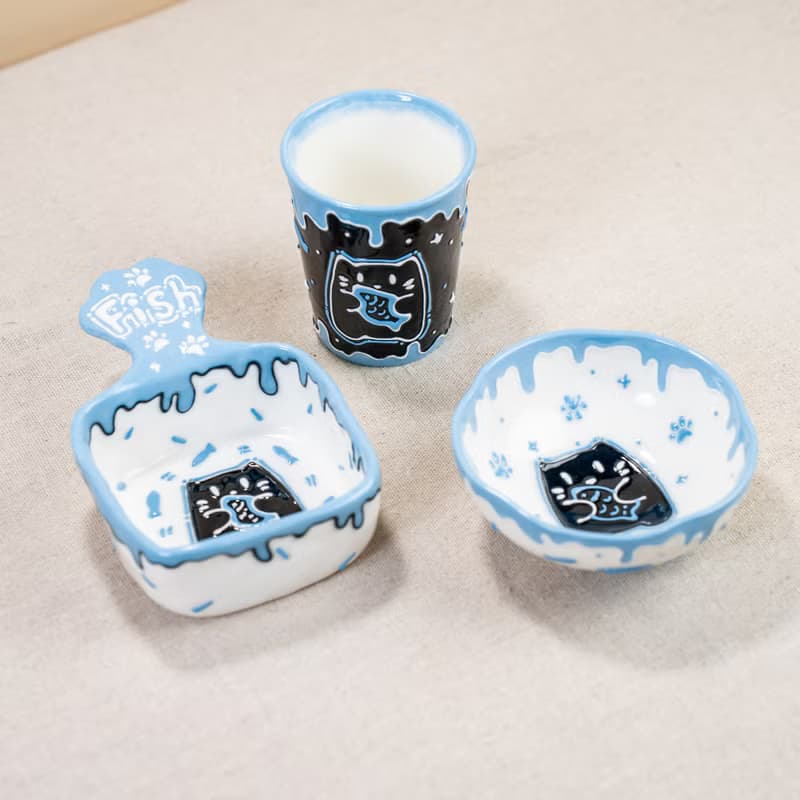 Blue Cat Kitchenware Collection, Small Black Coffee Mug, Cute Tiny Cat Ring Dish