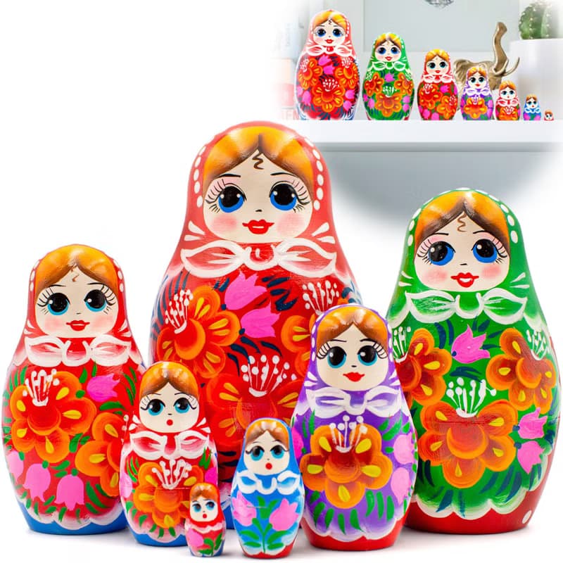 Cute Nesting Dolls - Classic Russian Doll with Bouquet of Bellflowers and Lilies
