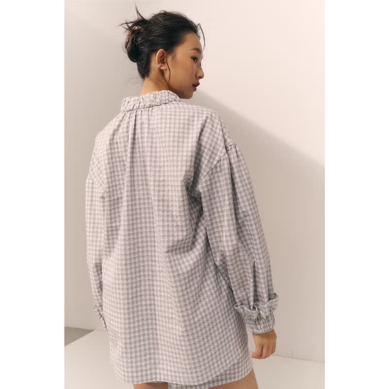 落肩澎袖腰帶上衣 /小灰格
