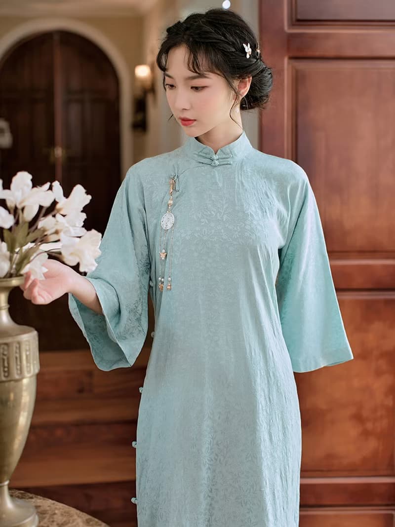 藍綠色 婉青 暗紋倒大袖古法提花旗袍 復古改良新中式國風洋裝