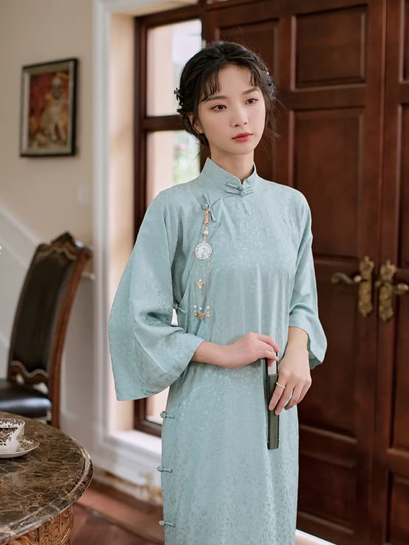 藍綠色 婉青 暗紋倒大袖古法提花旗袍 復古改良新中式國風洋裝