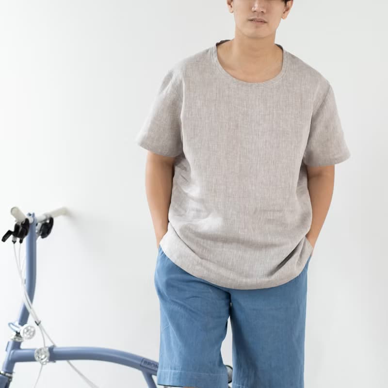 Blue & J Natural Linen Crew Neck Shirt - Light Grey