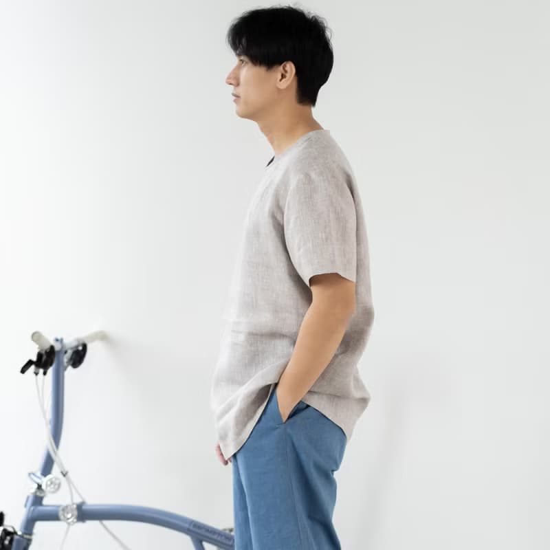 Blue & J Natural Linen Crew Neck Shirt - Light Grey