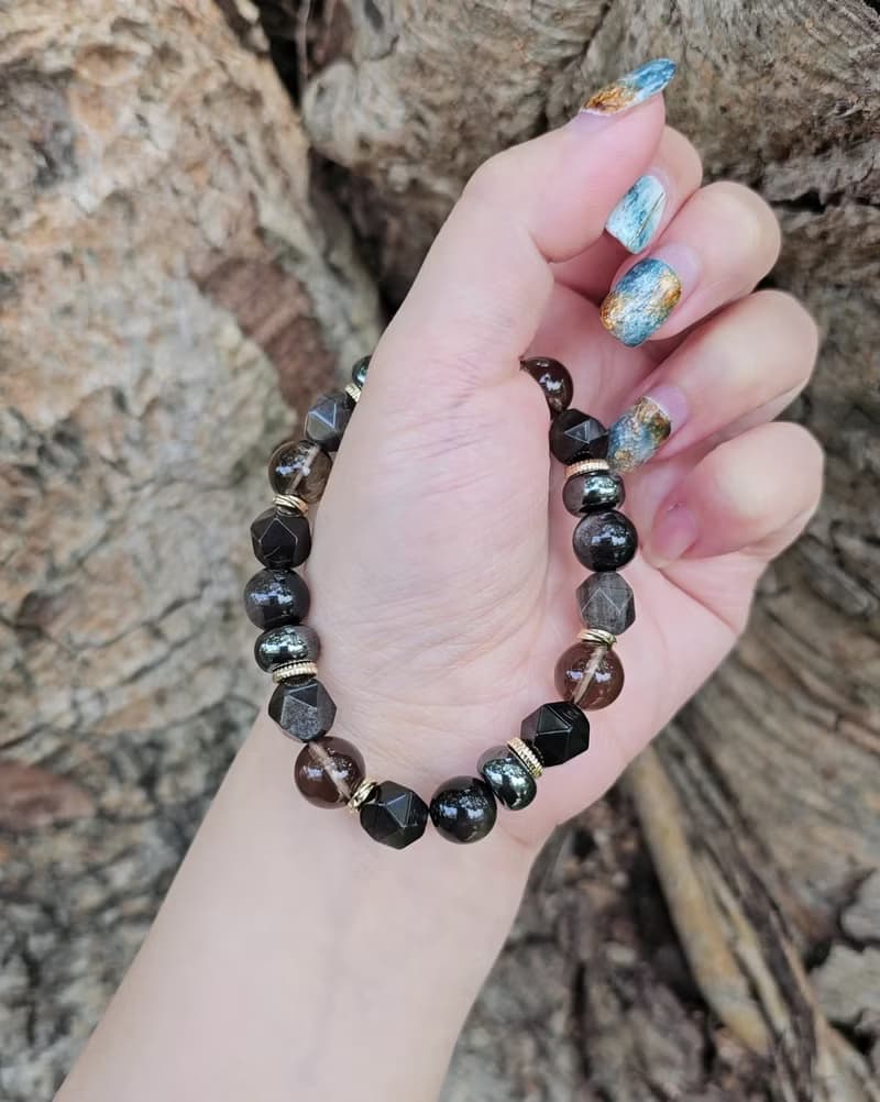 戰神-男款水晶手鍊/ 穩定/平安/抵禦負能量 /銀曜石/茶晶/黑膽石