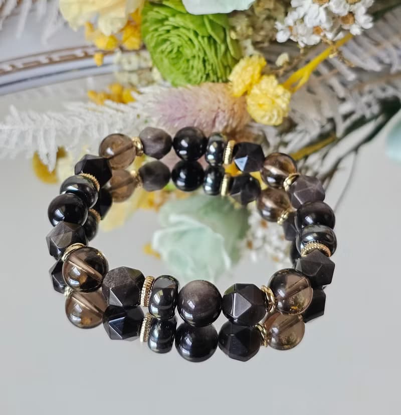 戰神-男款水晶手鍊/ 穩定/平安/抵禦負能量 /銀曜石/茶晶/黑膽石