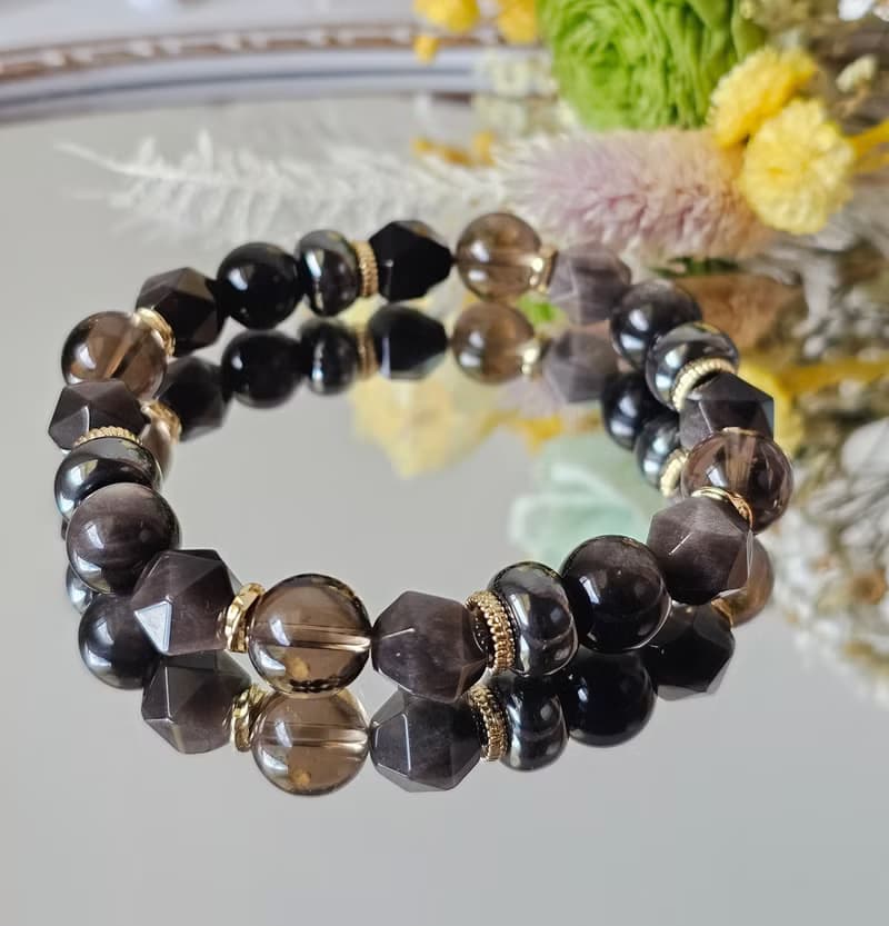 戰神-男款水晶手鍊/ 穩定/平安/抵禦負能量 /銀曜石/茶晶/黑膽石