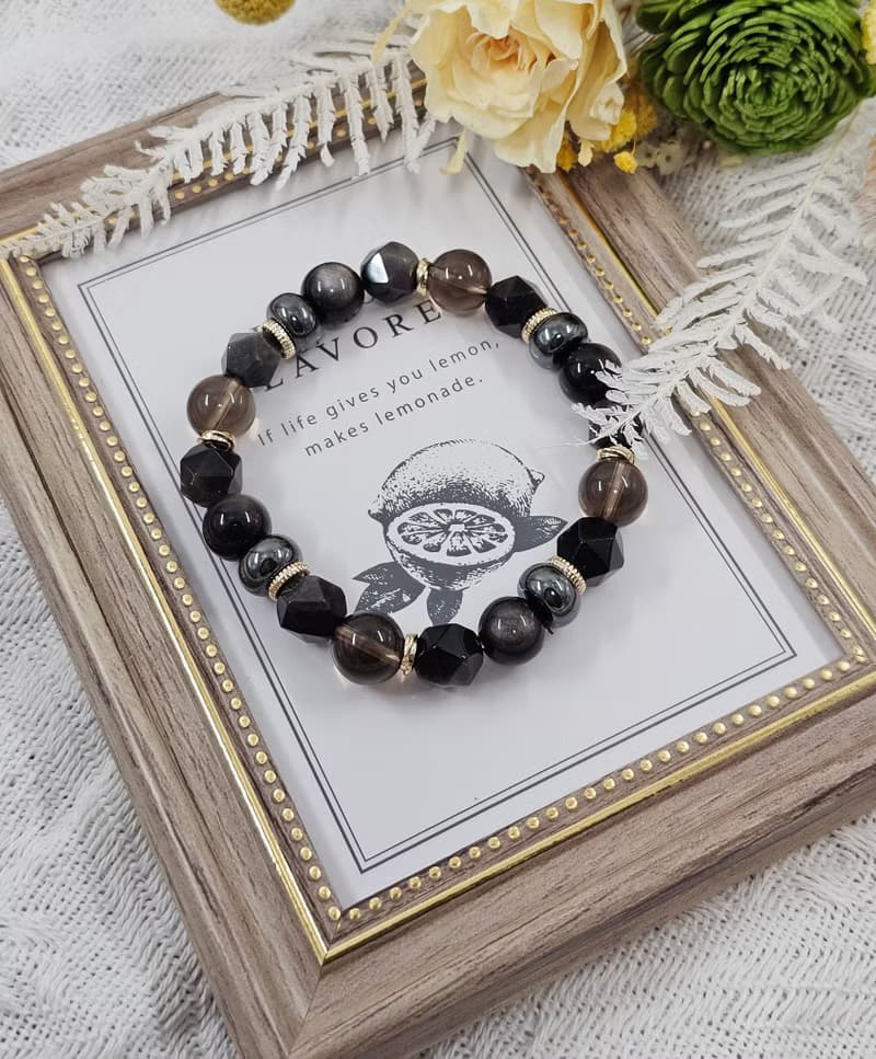 戰神-男款水晶手鍊/ 穩定/平安/抵禦負能量 /銀曜石/茶晶/黑膽石