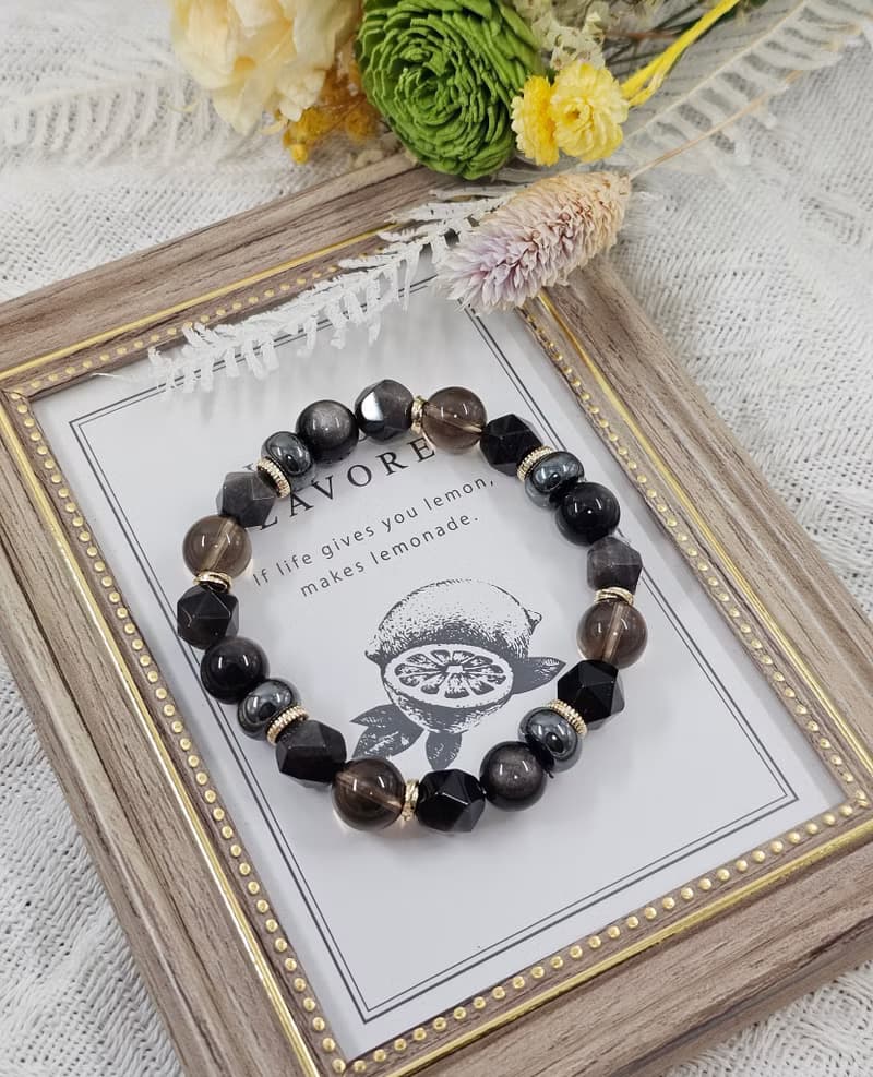 戰神-男款水晶手鍊/ 穩定/平安/抵禦負能量 /銀曜石/茶晶/黑膽石