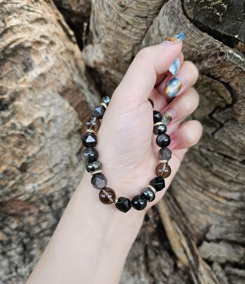 戰神-男款水晶手鍊/ 穩定/平安/抵禦負能量 /銀曜石/茶晶/黑膽石