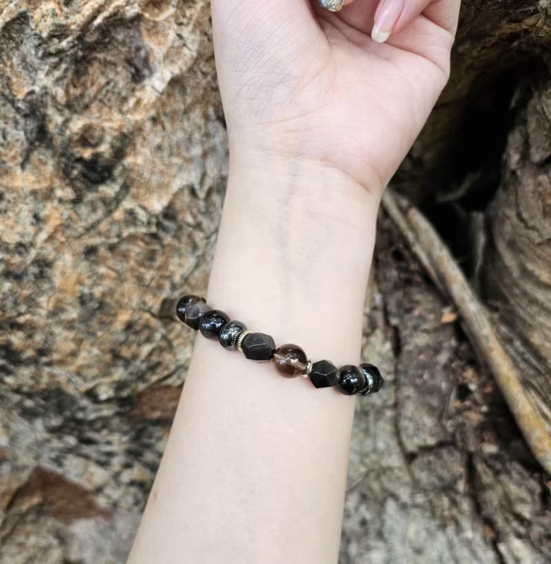 戰神-男款水晶手鍊/ 穩定/平安/抵禦負能量 /銀曜石/茶晶/黑膽石