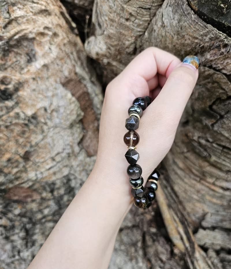 戰神-男款水晶手鍊/ 穩定/平安/抵禦負能量 /銀曜石/茶晶/黑膽石