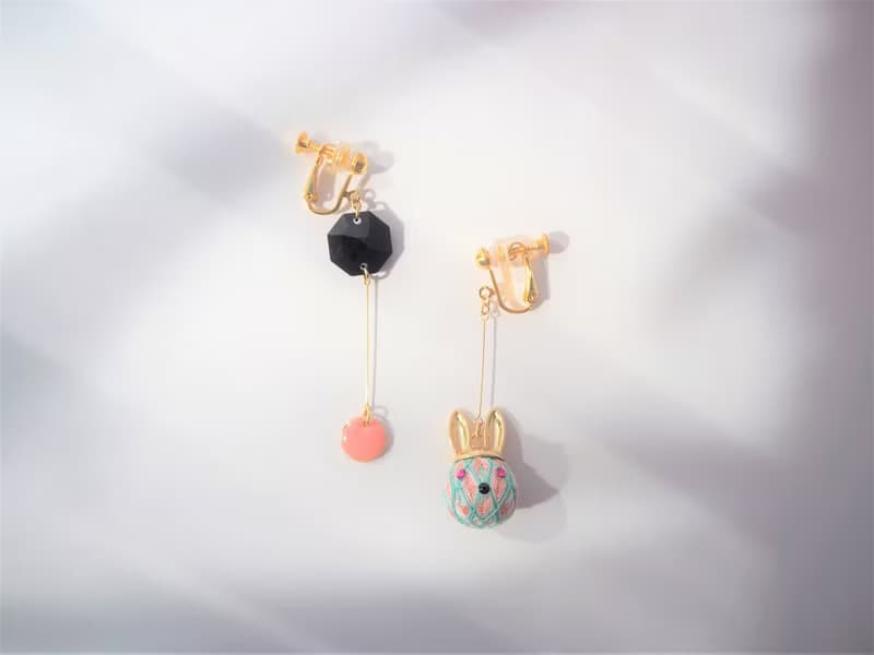 tachibanaya Bunny Japanese temari asymmetry earrings Pink Mint 手鞠球 刺繡 耳環