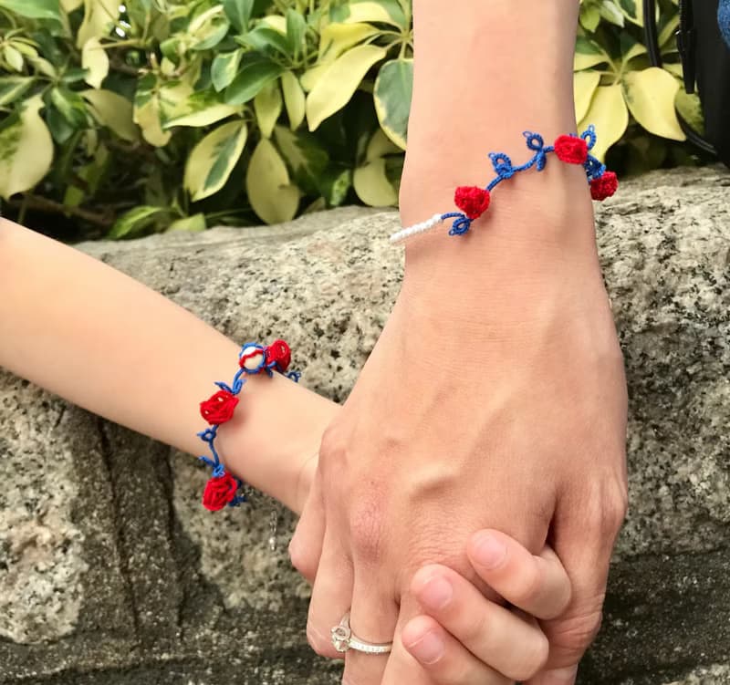 手織立體玫瑰花珍珠手鍊(紅藍色) /親子手鍊 / 禮物 / Swarovski