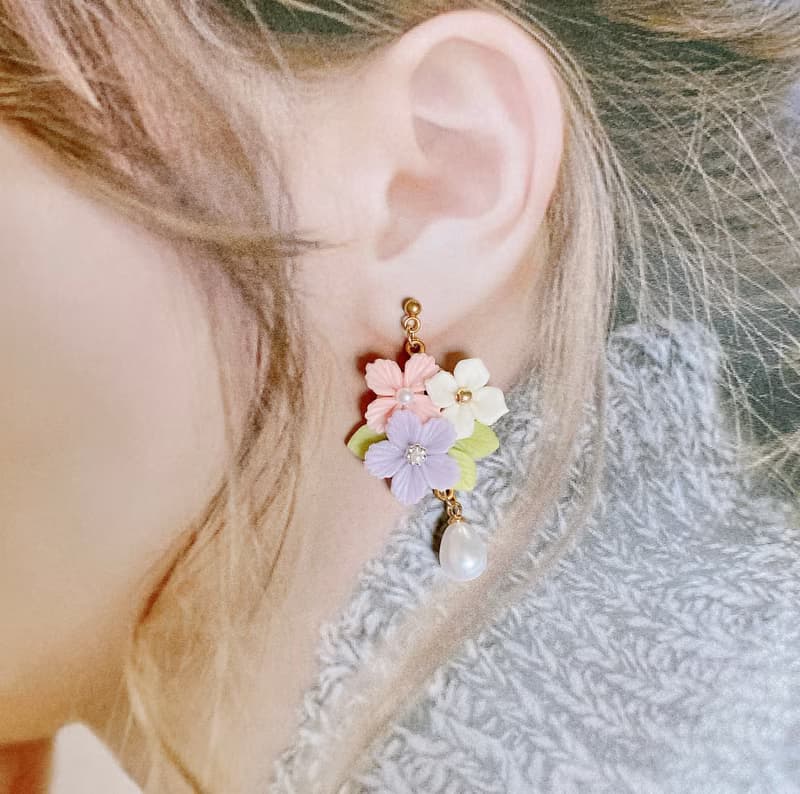 春天珍珠款小花耳環 | 黏土耳環