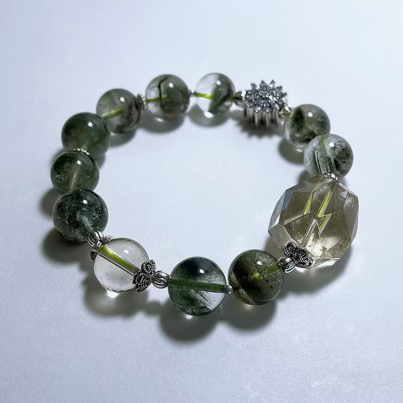 天然礦石 綠幽靈 茶體白水晶原礦 925純銀 手鍊