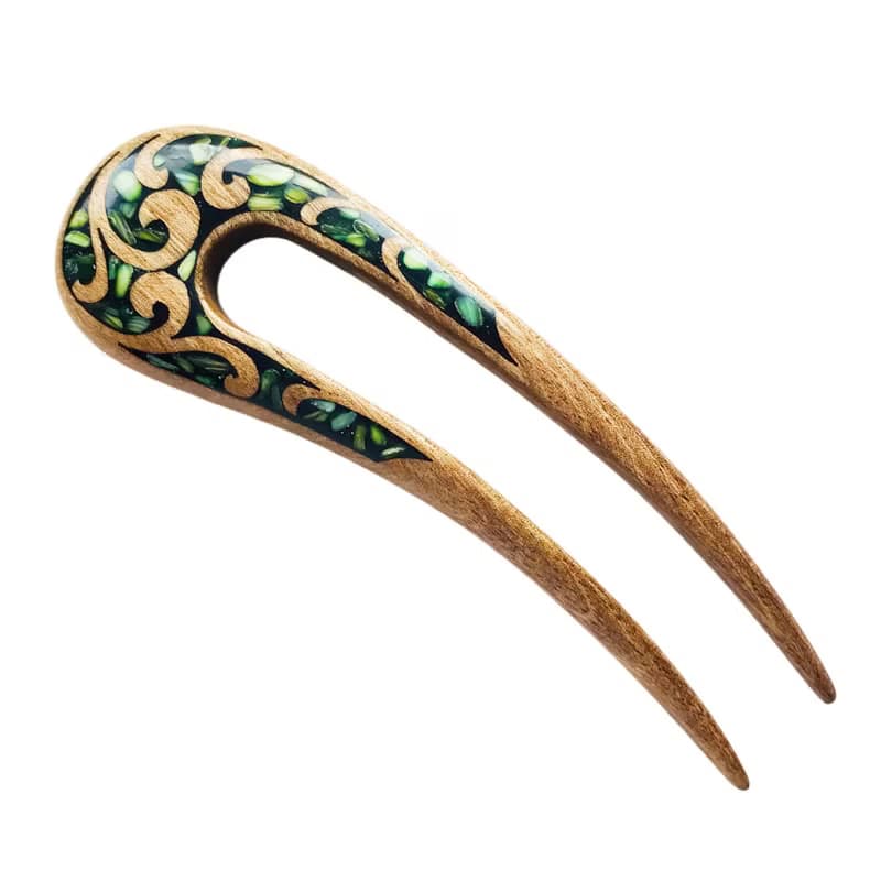 Hair clip, hair pin, carved wooden hair fork with green stones, gift for her
