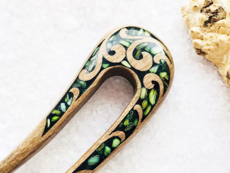 Hair clip, hair pin, carved wooden hair fork with green stones, gift for her