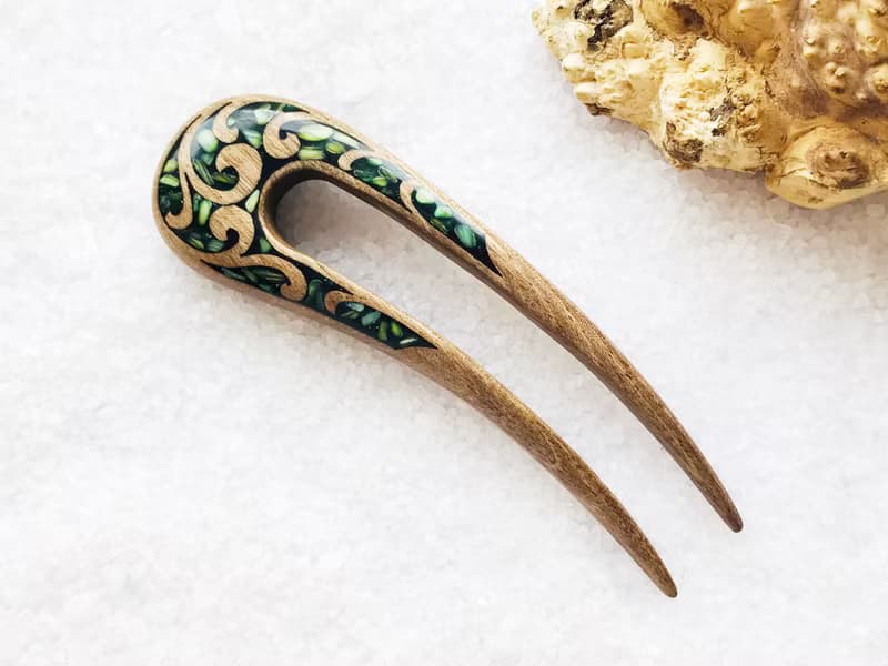 Hair clip, hair pin, carved wooden hair fork with green stones, gift for her