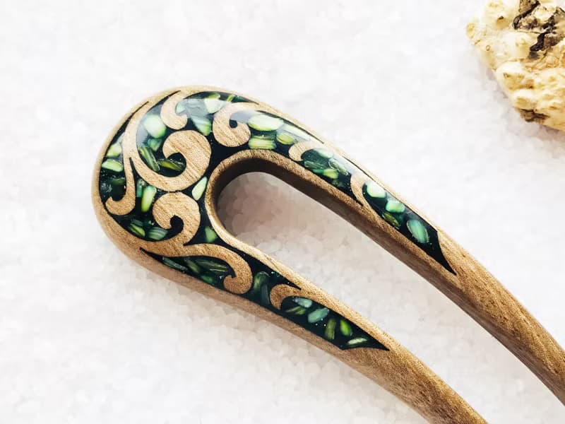 Hair clip, hair pin, carved wooden hair fork with green stones, gift for her