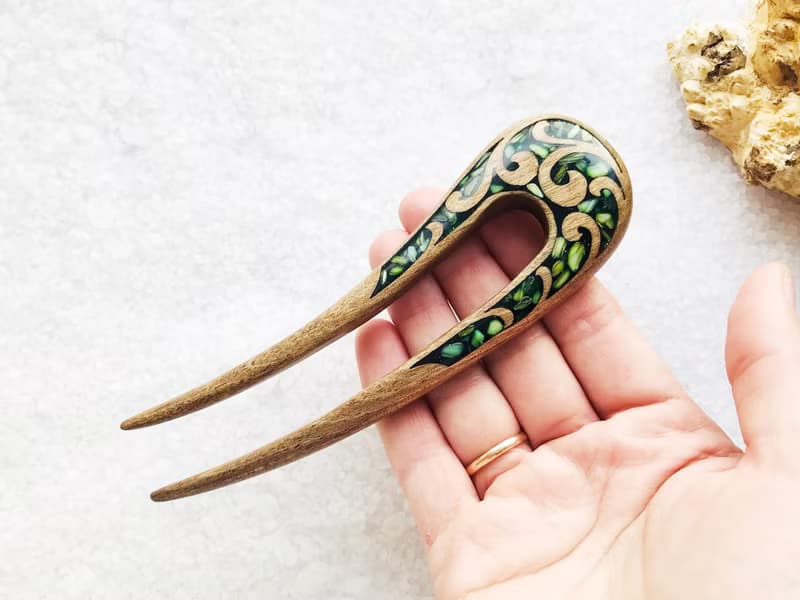 Hair clip, hair pin, carved wooden hair fork with green stones, gift for her