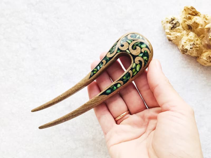 Hair clip, hair pin, carved wooden hair fork with green stones, gift for her
