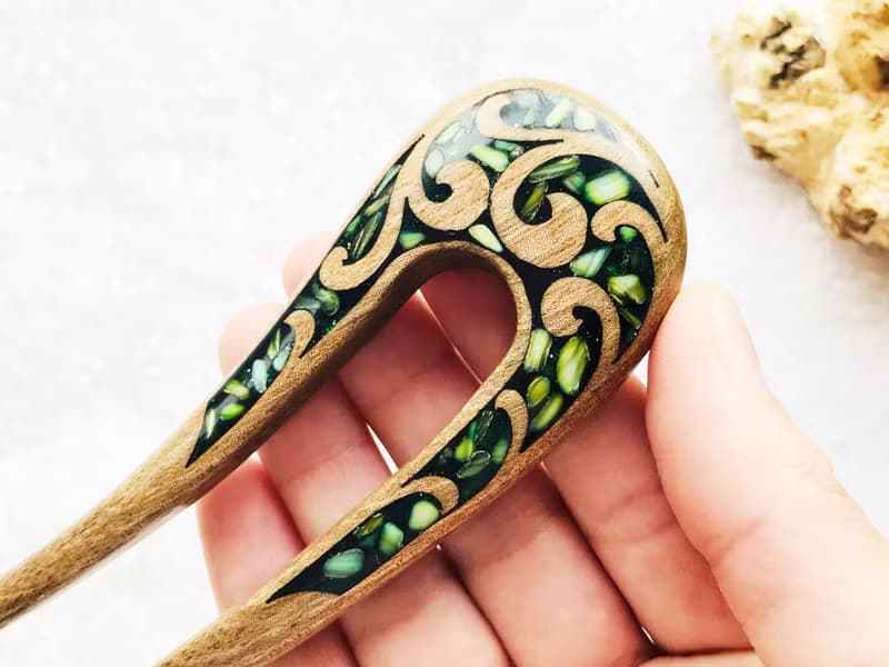Hair clip, hair pin, carved wooden hair fork with green stones, gift for her