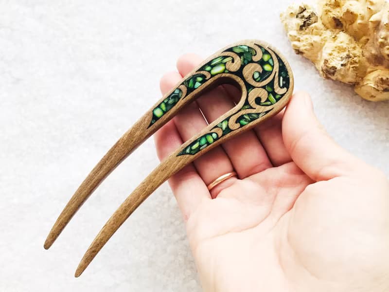Hair clip, hair pin, carved wooden hair fork with green stones, gift for her