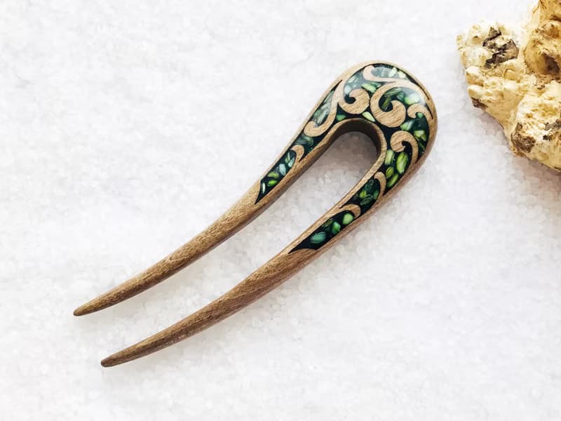 Hair clip, hair pin, carved wooden hair fork with green stones, gift for her