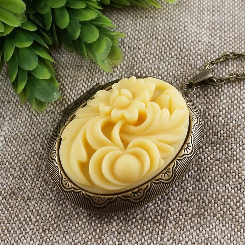 Photo Locket Ivory Flower Floral Cameo Oval Pendant Necklace Woman Jewelry Gift