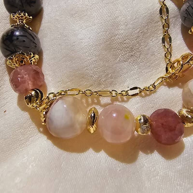 現貨 櫻花瑪瑙 草莓晶 黑髮晶【暗黑公主】 正能量提升自我手鍊