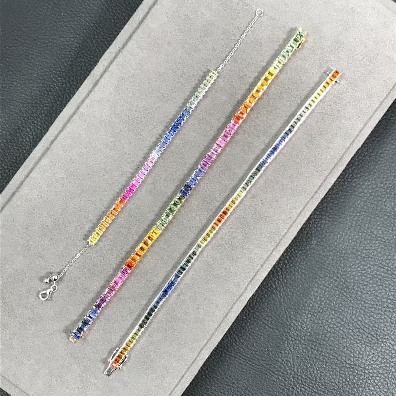 星夜梵谷五行彩虹漸層天然彩色剛玉調色盤18k金彩色藍寶石手鍊