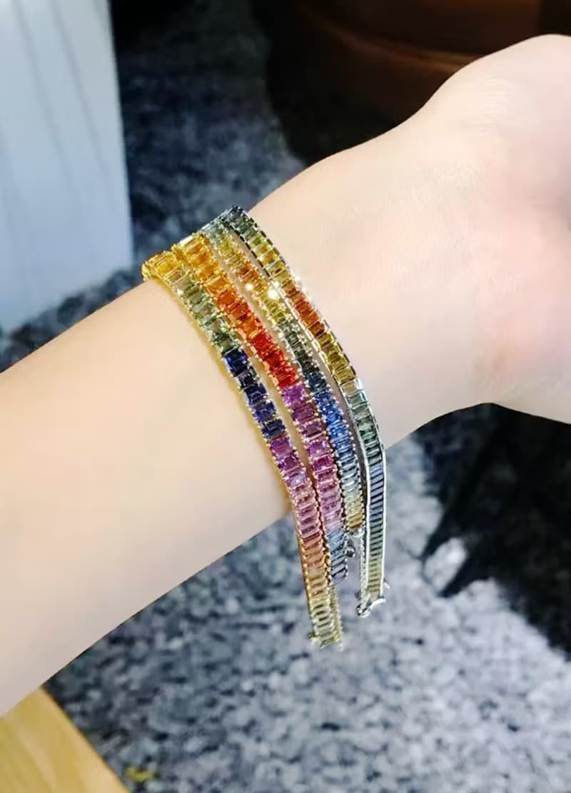 星夜梵谷五行彩虹漸層天然彩色剛玉調色盤18k金彩色藍寶石手鍊