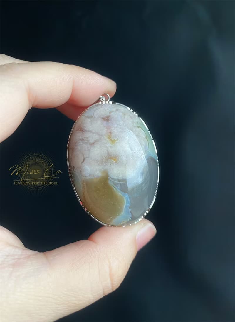 櫻花瑪瑙 水中花 帶透 黃加綠 花 S925銀鑲 天然石 項鍊