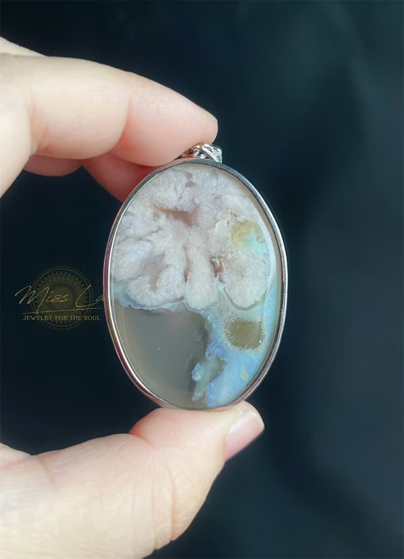 櫻花瑪瑙 水中花 帶透 黃加綠 花 S925銀鑲 天然石 項鍊